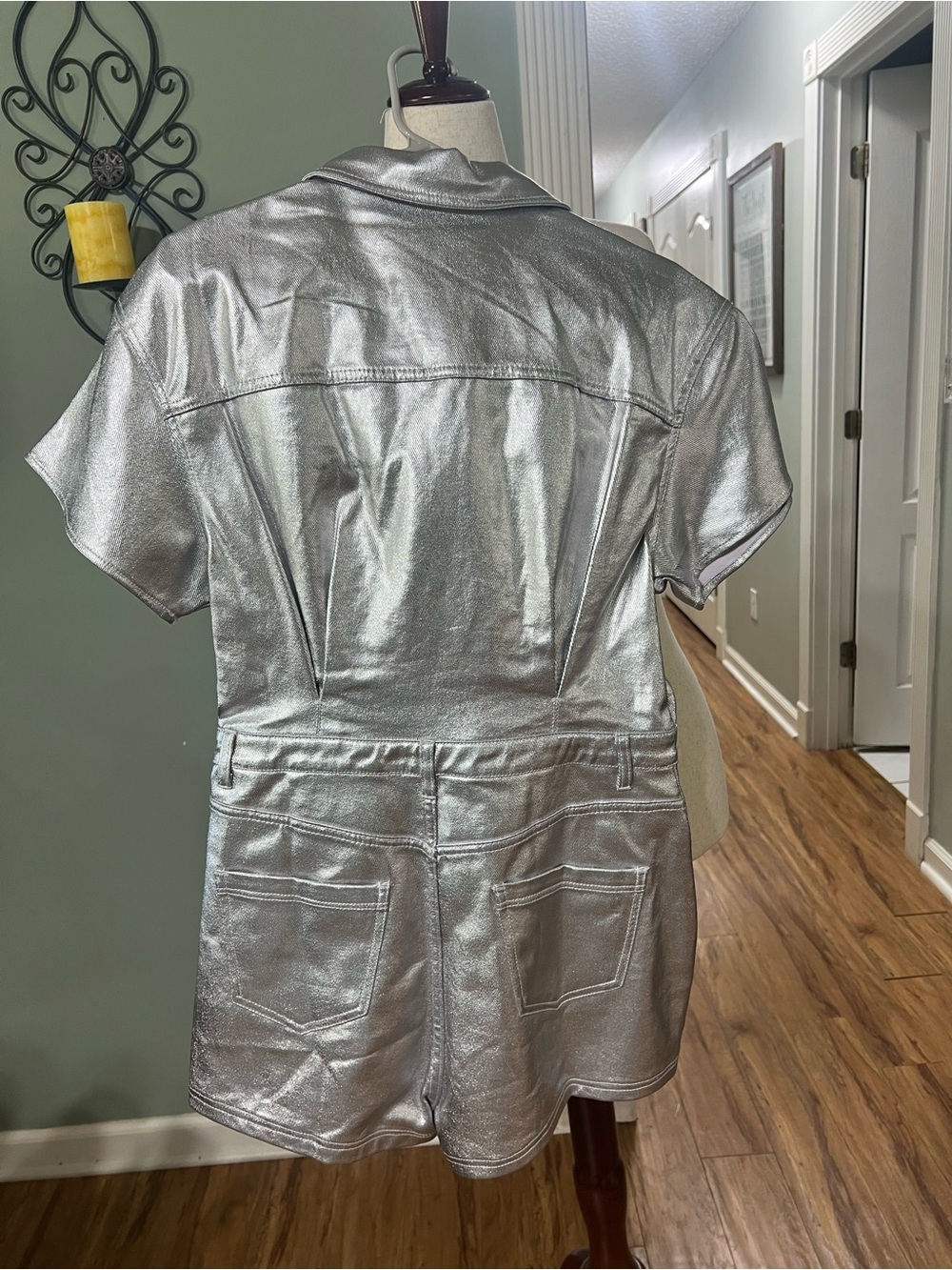 Peach Love California Metallic Silver Short Sleeve Romper - Picture 4 of 5